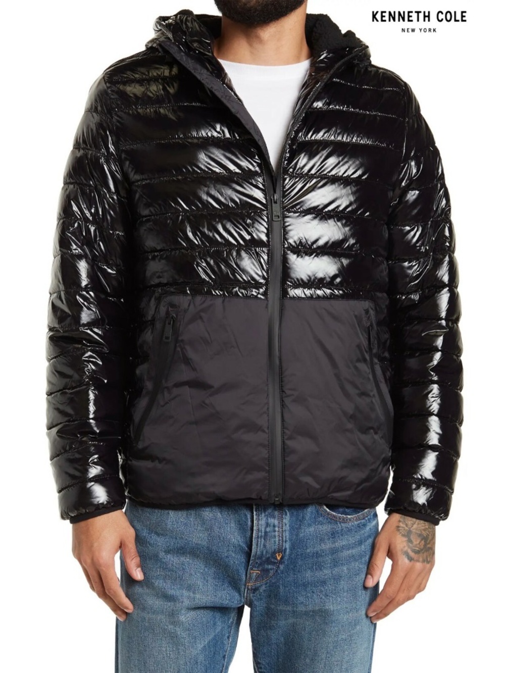 KENNETH COLE MEN NWT HOODED MIDWEIGHT QUILTED ZIP SHINY BLACK JACKET. SIZE M
